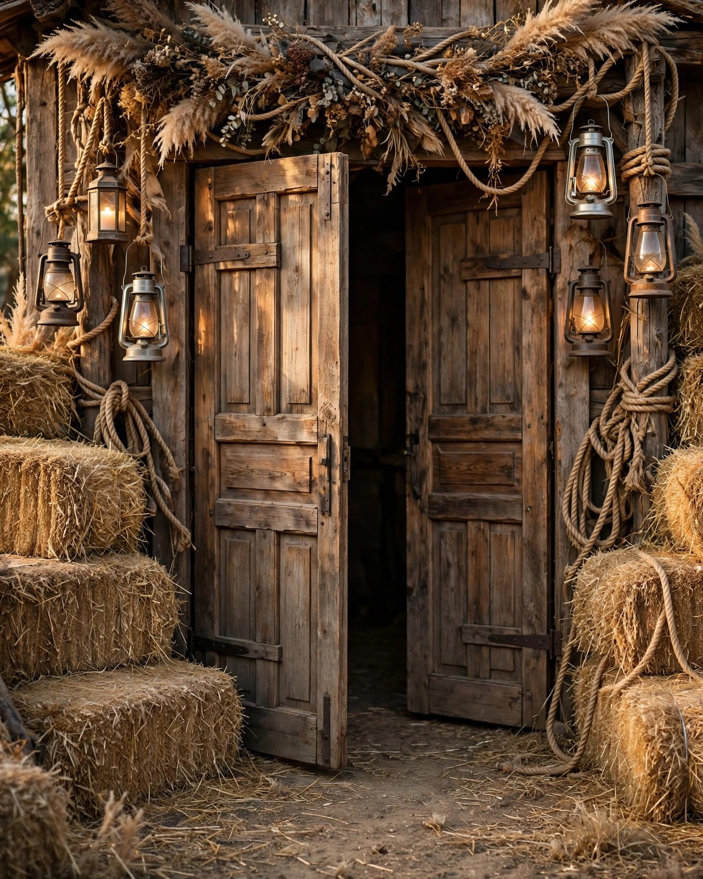 Rustic saloon doors framed by hay bales, lanterns, and rope details.