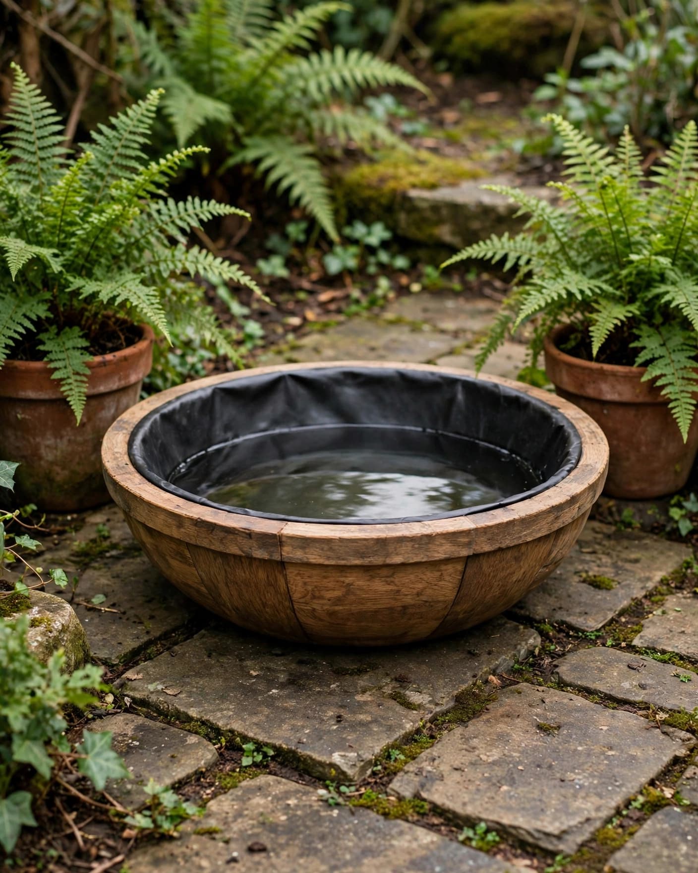 A wooden bowl bird bath sits beside potted ferns on a stone patio.
