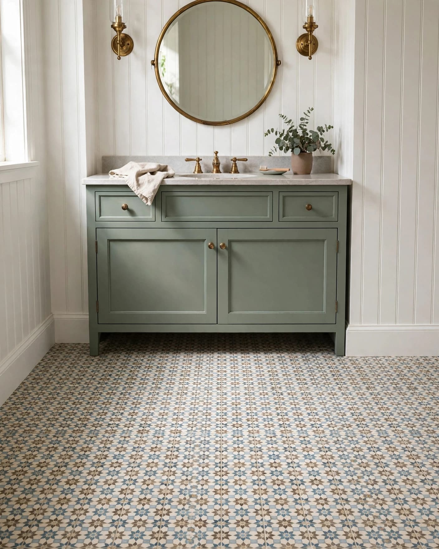 Bathroom with patterned floor tiles, a sage vanity, white walls, and brass fixtures.