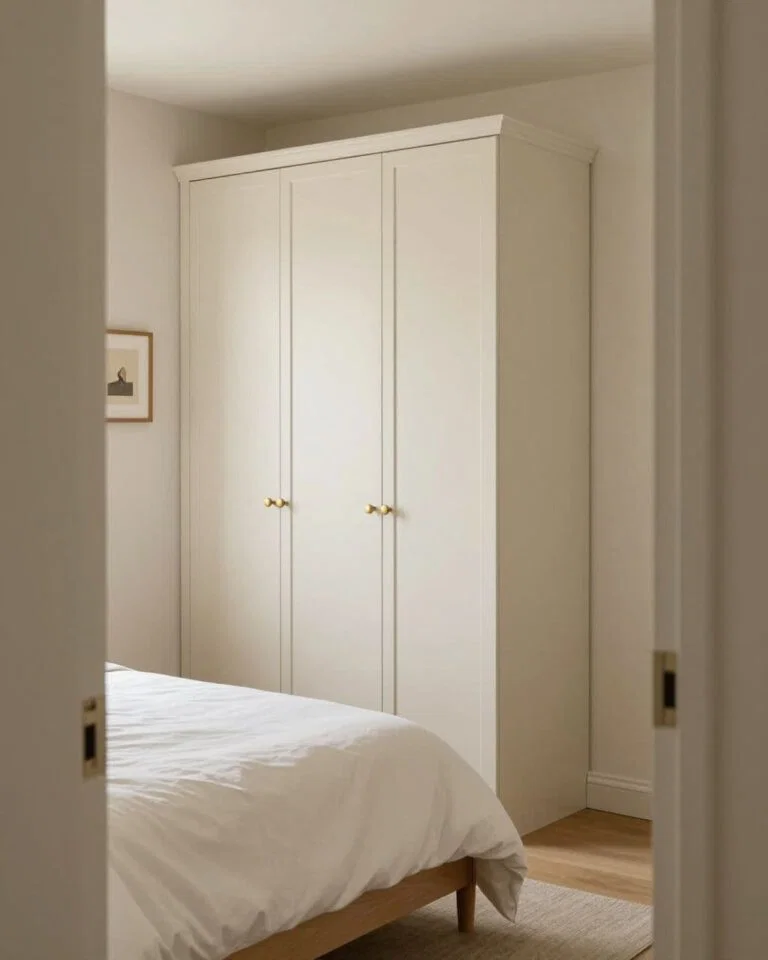 Small sage and cream bedroom with a brass-handled wardrobe and white bed.