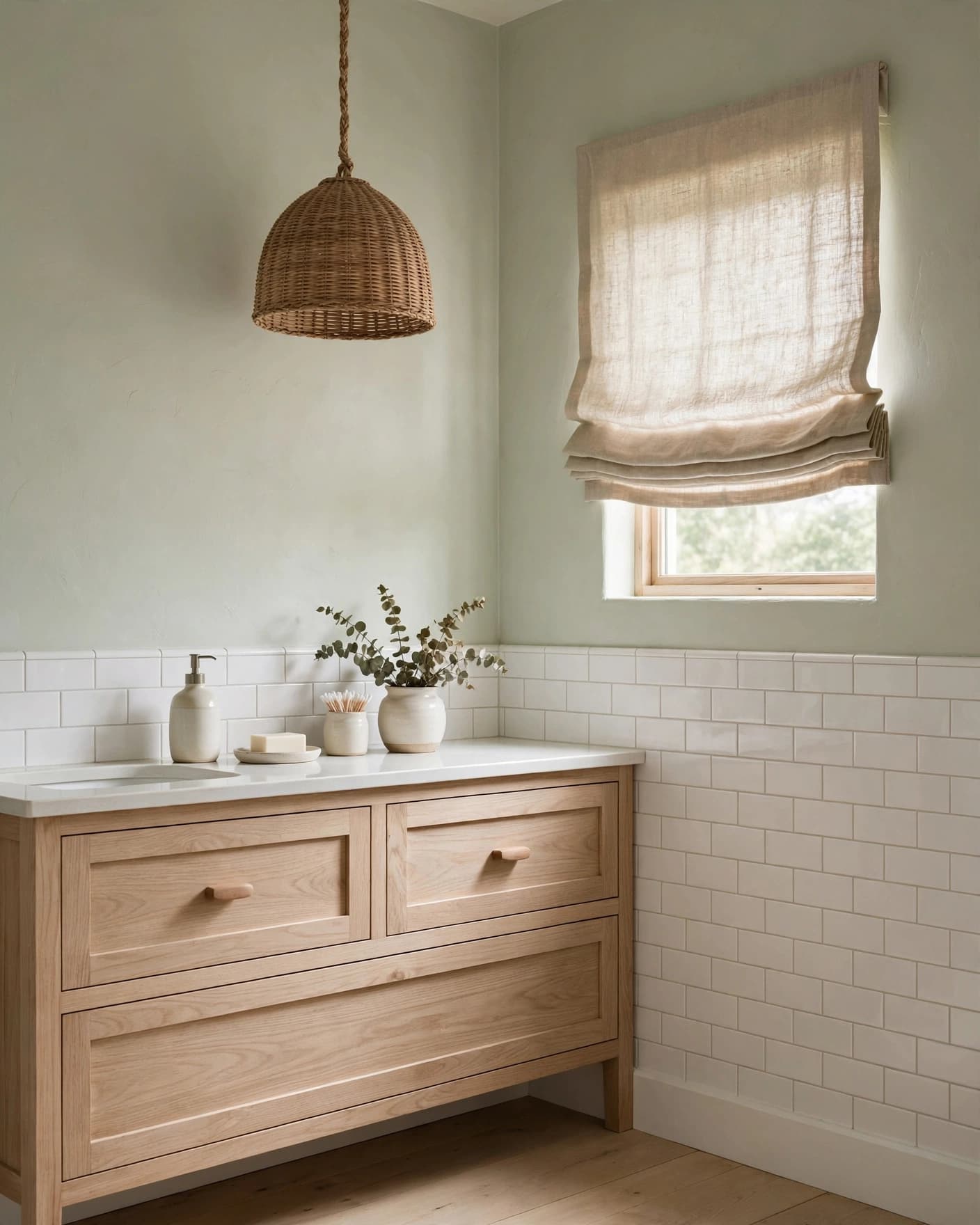 Farmhouse bathroom with a linen shade, oak vanity, sage walls, and woven pendant light.