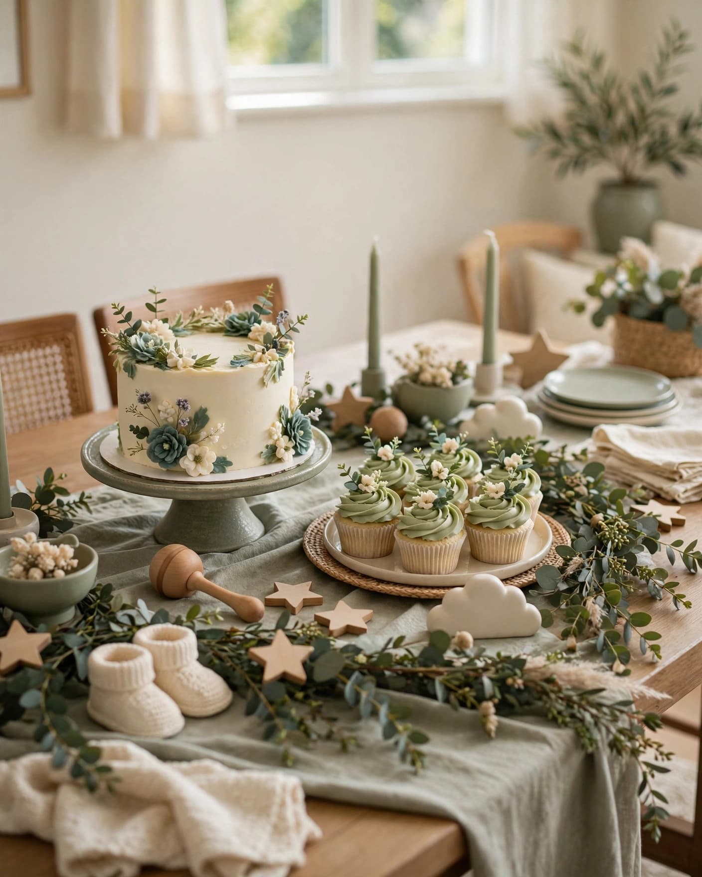 A sage green dessert table with cake, cupcakes, eucalyptus, and baby-themed decor.