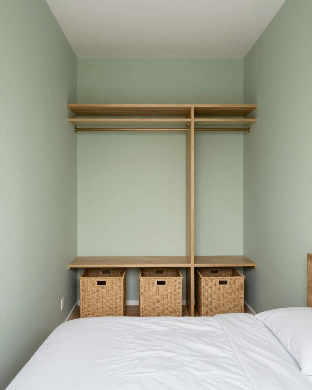 Small bedroom with a white bed, oak shelves, baskets, and a sage green built-in closet.