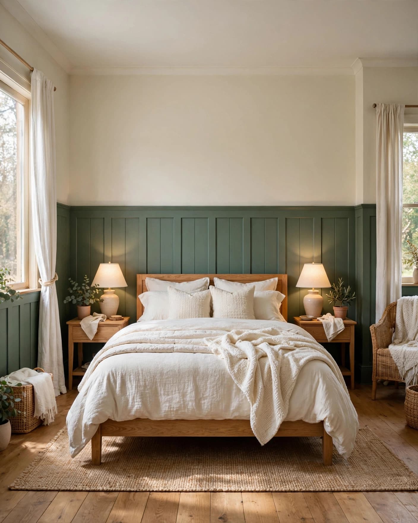 An oak bed with ivory bedding stands against sage green paneled bedroom walls.