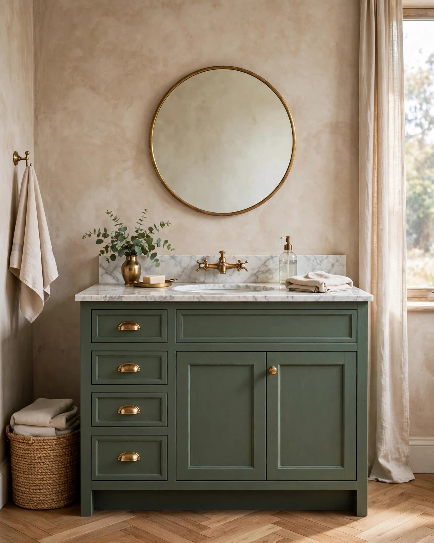 Sage green vanity with brass hardware, marble counter, and round mirror in a bright bathroom.