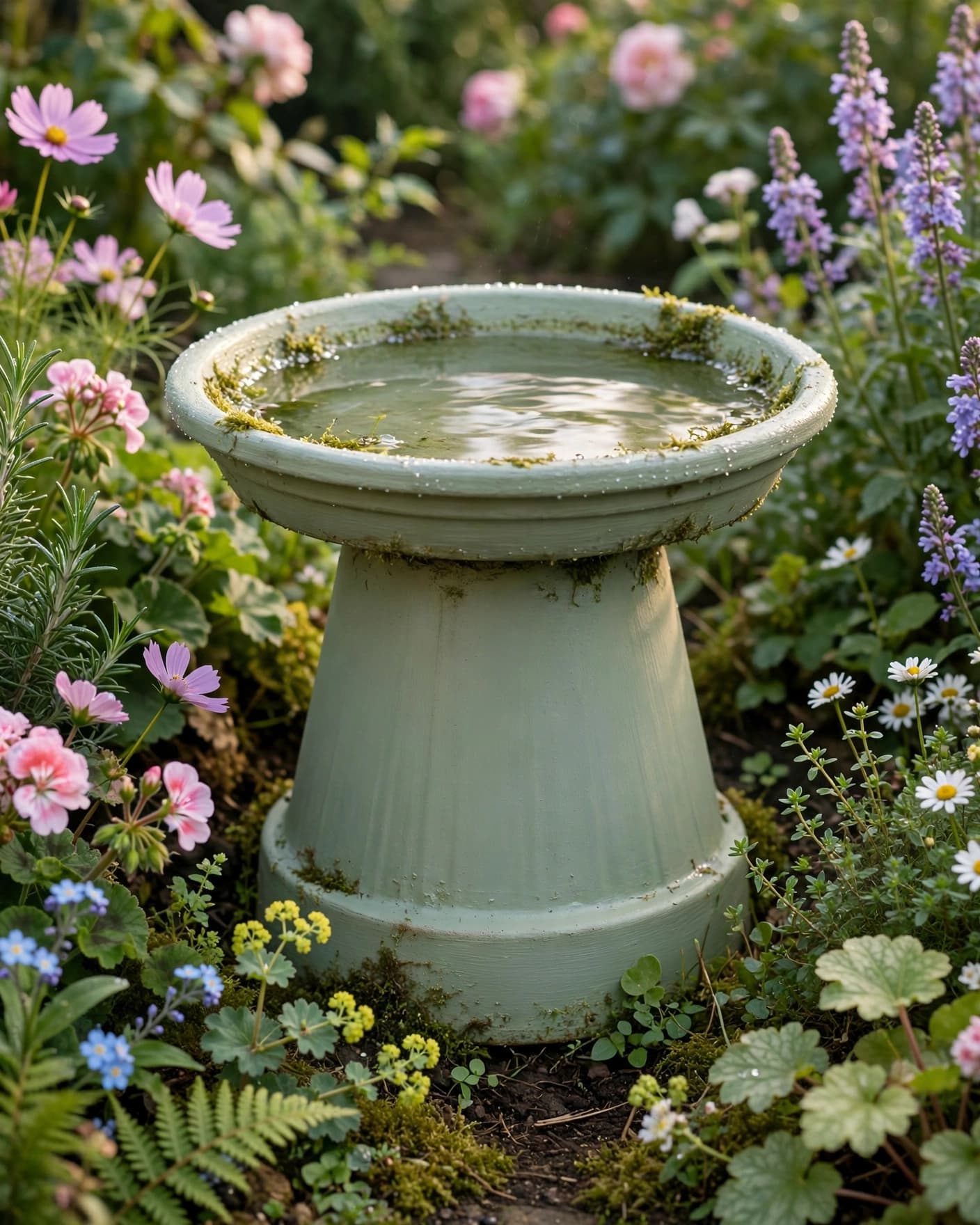 A sage green flowerpot bird bath sits among cottage garden flowers.