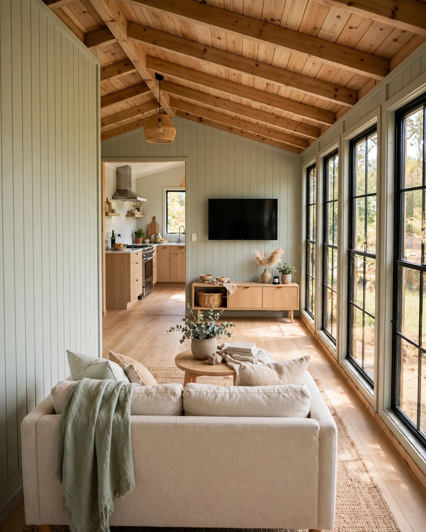 A loveseat faces a slim console in a bright, narrow living room.