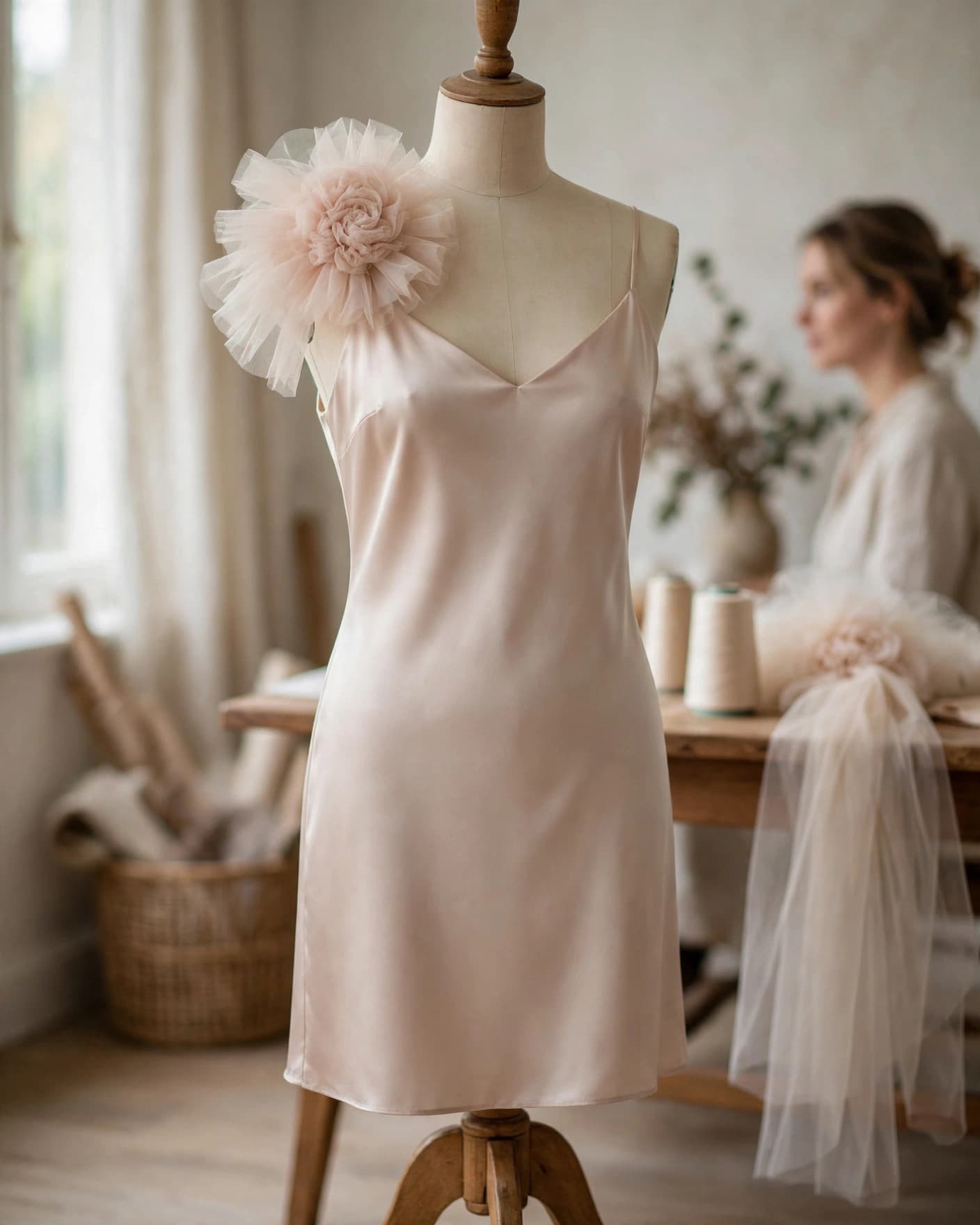Satin slip dress on a dress form with a tulle rosette shoulder detail.