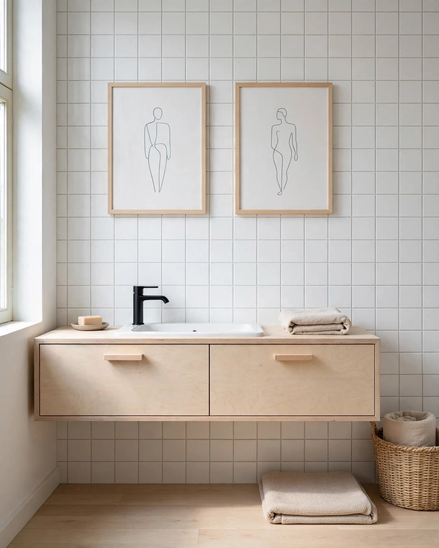 Scandinavian bathroom with framed line drawings above a pale birch vanity.