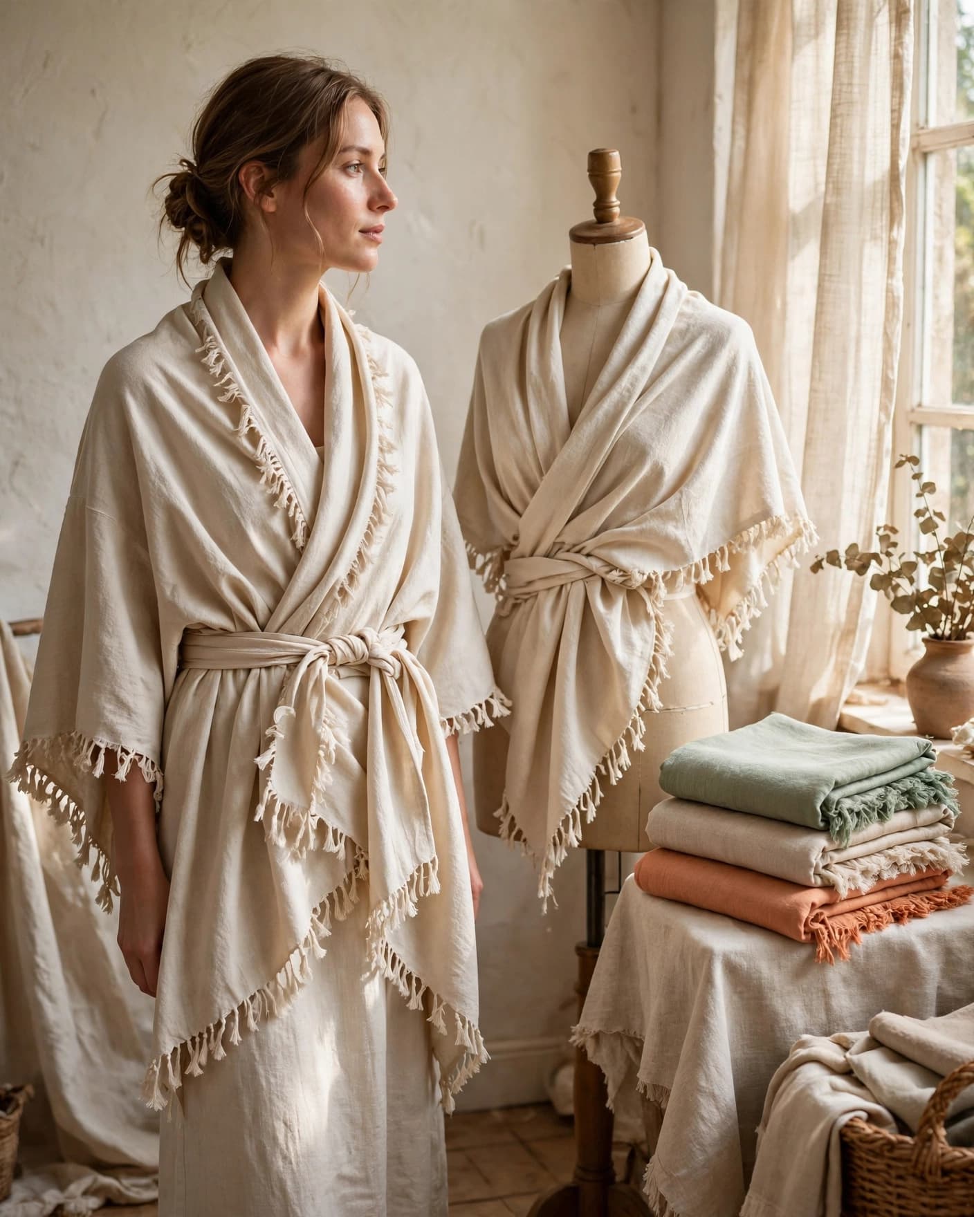 A fringed scarf kimono displayed on a dress form beside folded scarves.
