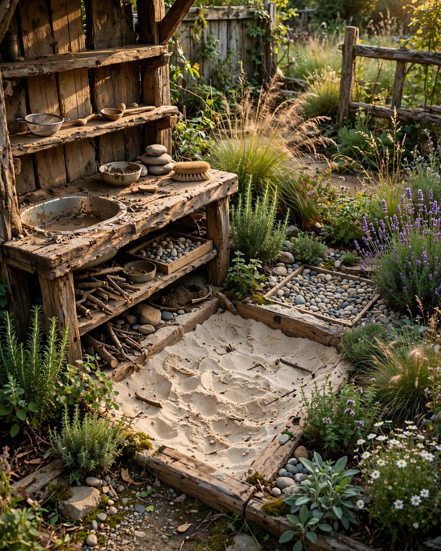 A timber mud kitchen beside sand, pebbles, fragrant plants, and soft grasses.