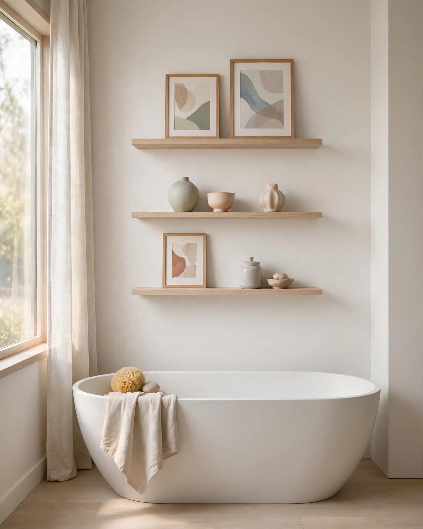 Floating shelves with art and ceramics above a freestanding bathtub.