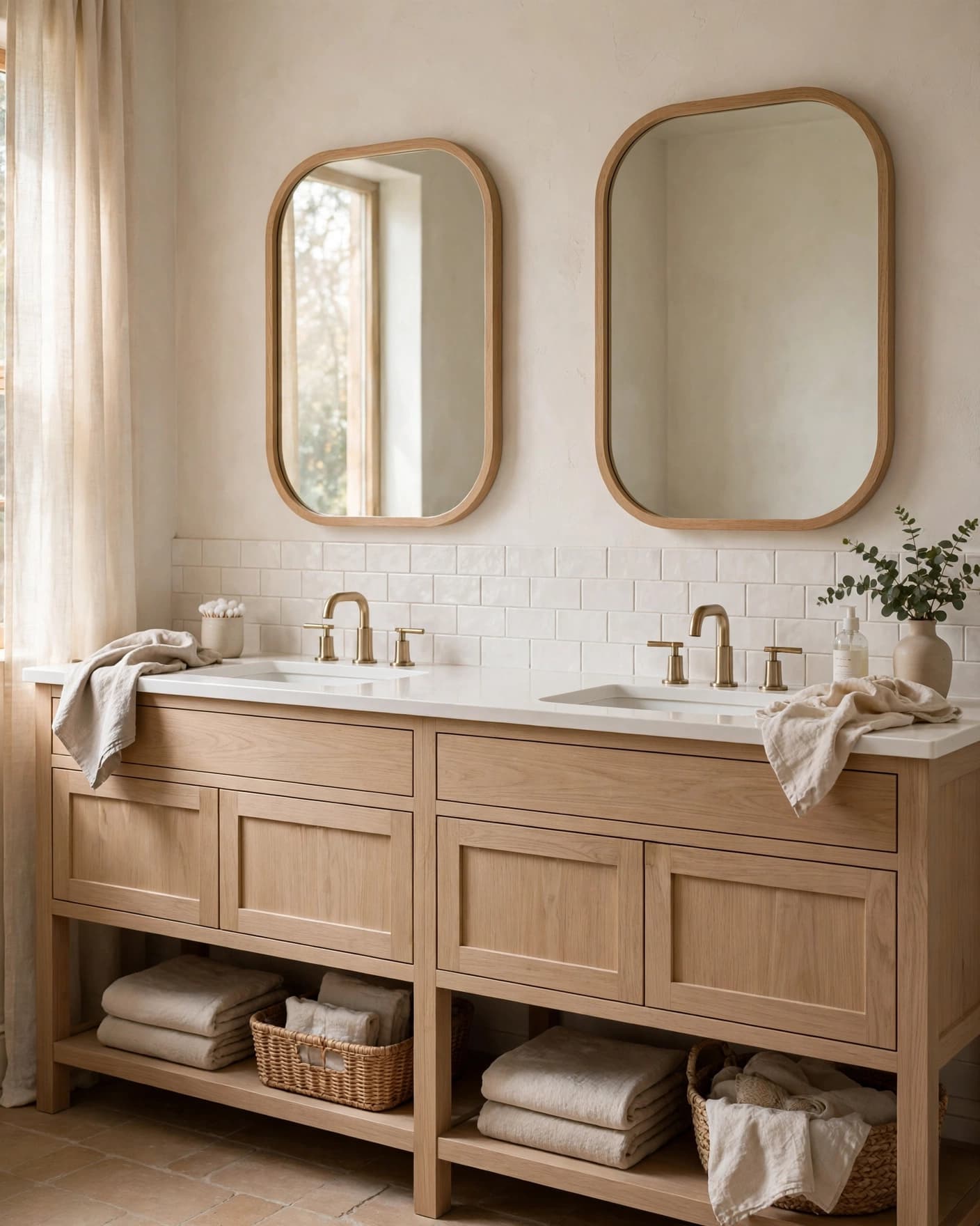 Bathroom with a double vanity, rounded mirrors, pale wood cabinets, and folded towels.