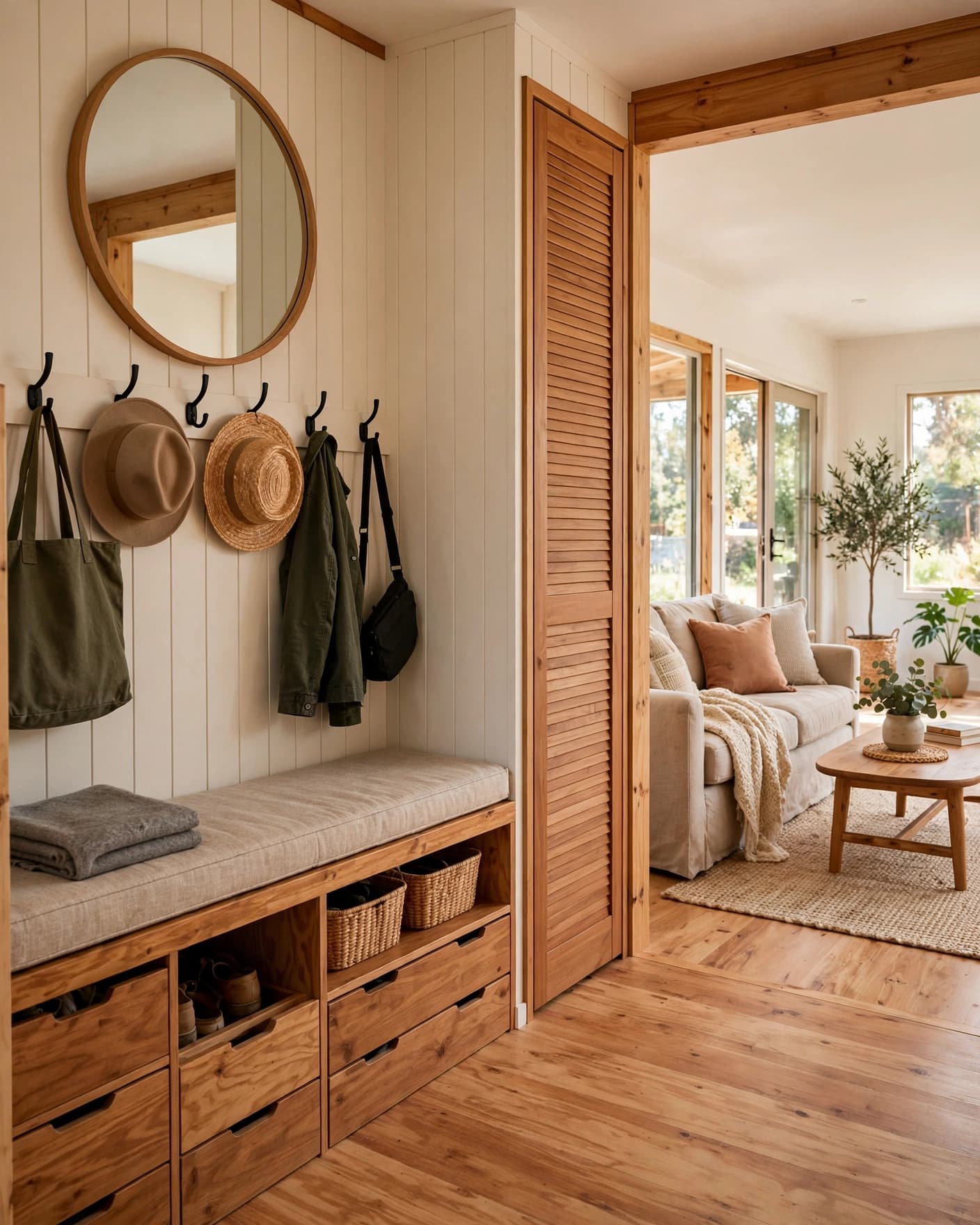 A bench, shoe drawers, hooks, and mirror organize the entry beside an open living room.