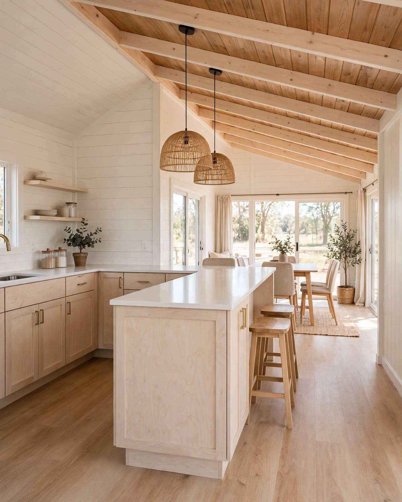 Two stools sit at a kitchen peninsula with a dining area beyond.