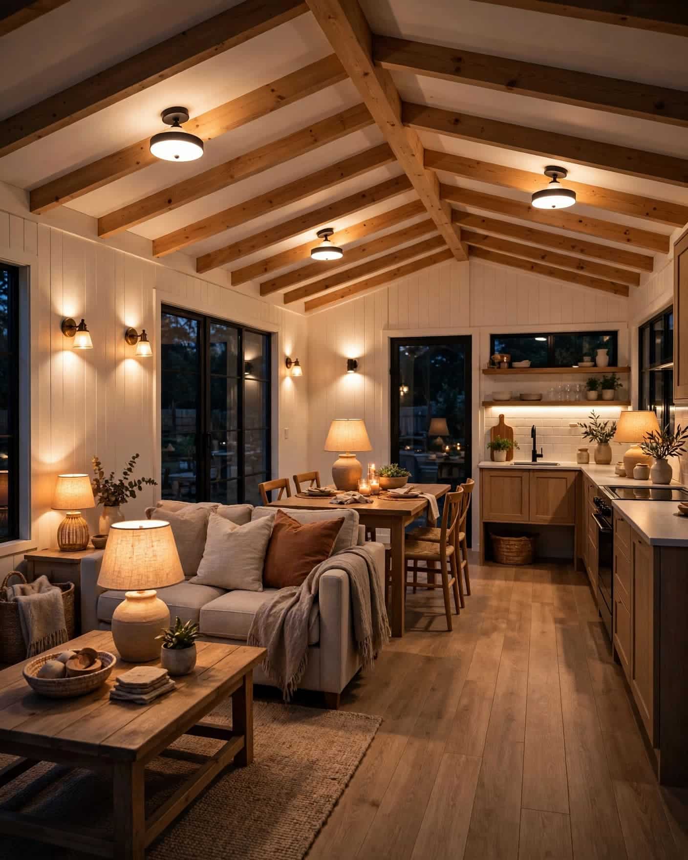 A long shed house interior with warm lamps across living, dining, and kitchen areas.