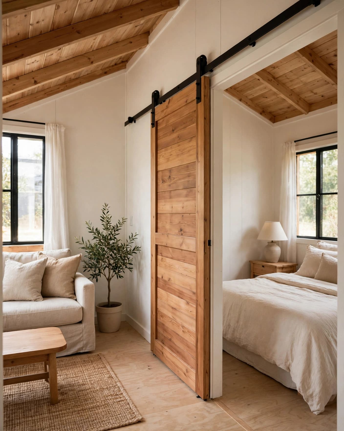 A wooden sliding door separates the bedroom from the living area in a bright, narrow home.