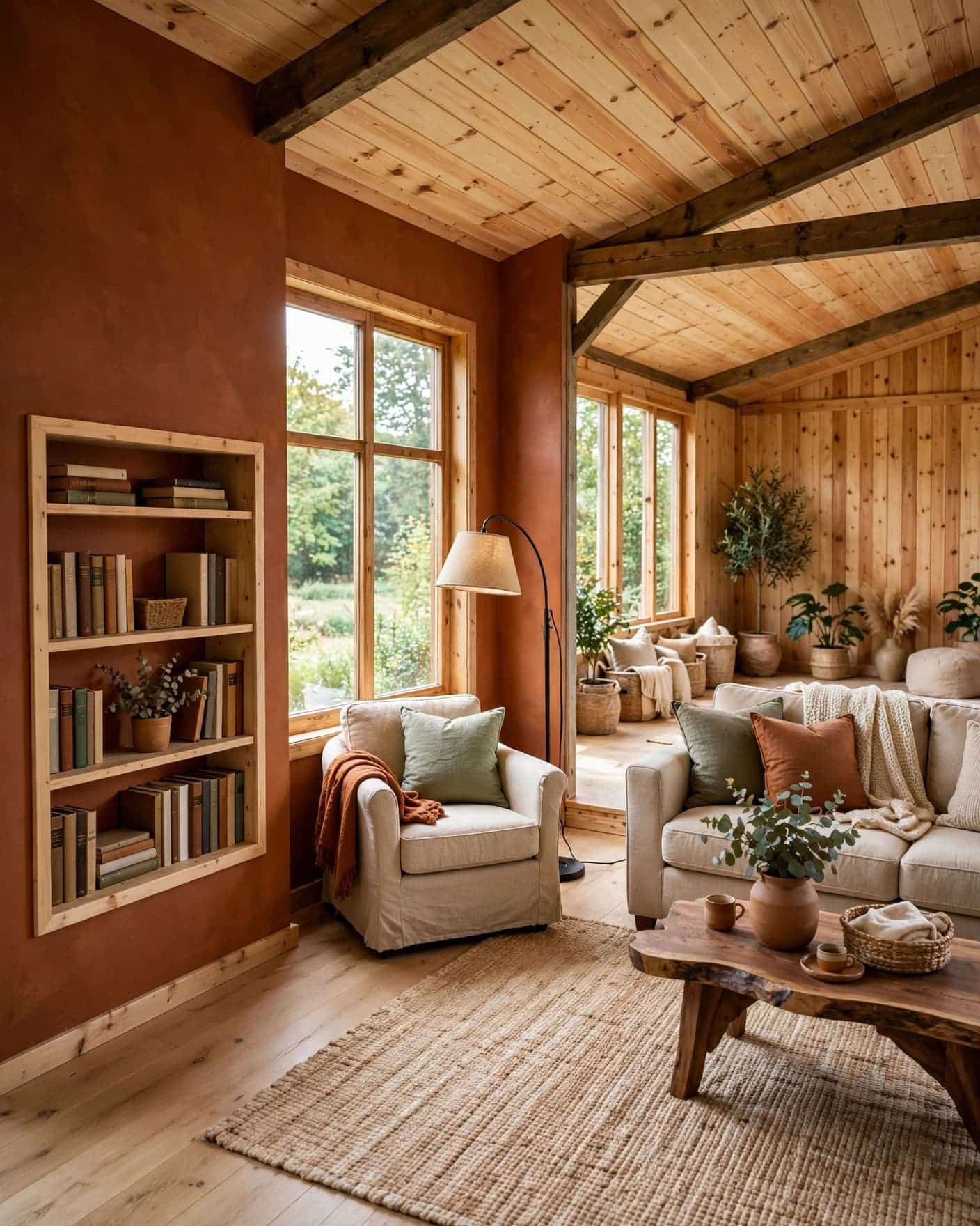 A reading chair and floor lamp sit beside a window and shallow bookcase.