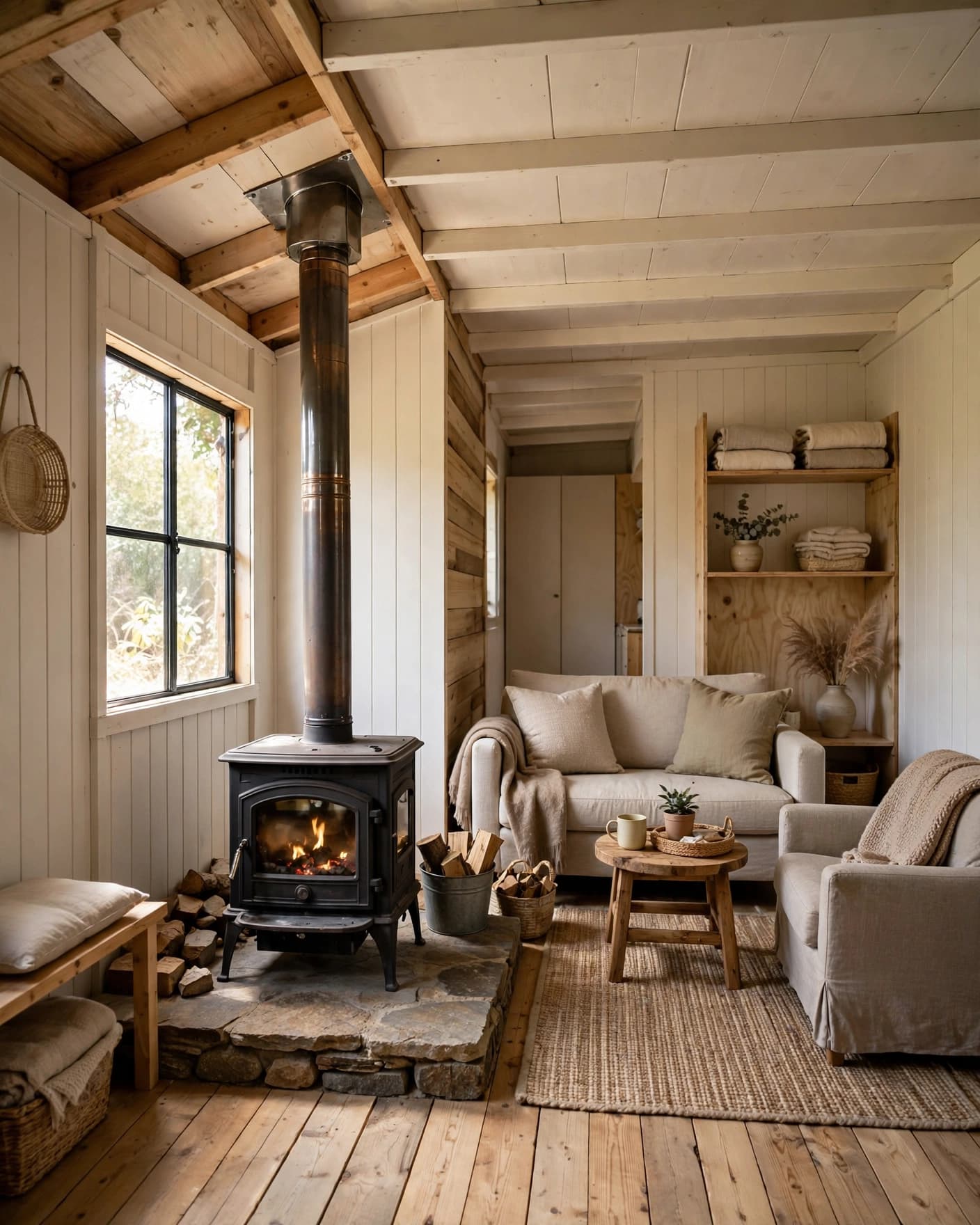 A wood stove on a stone hearth beside seating in a compact living room.