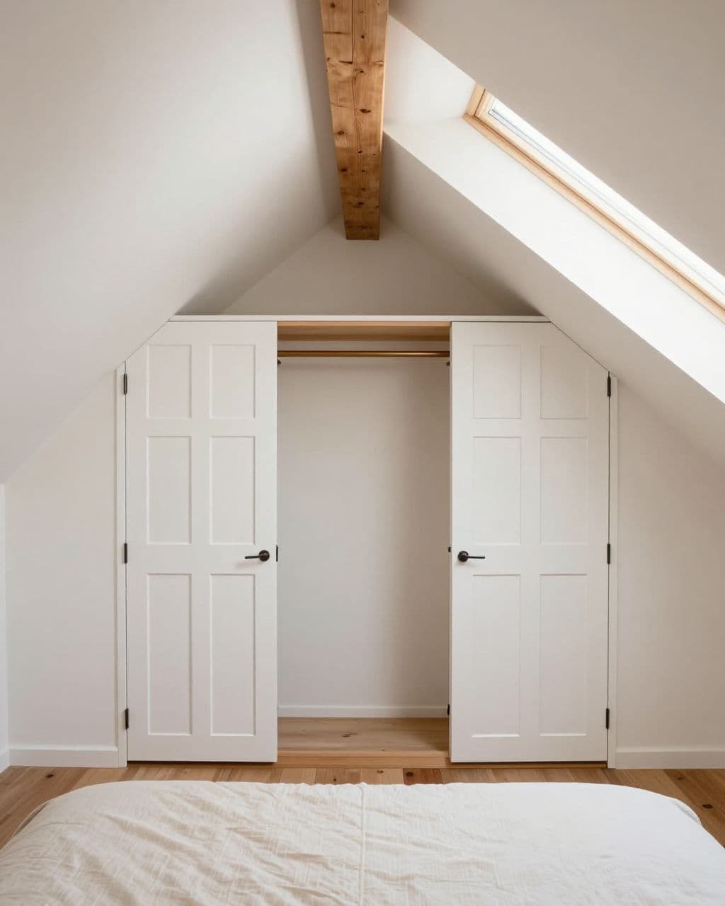 Small attic bedroom with a bed, sloped closet doors, wood beams, and a skylight.