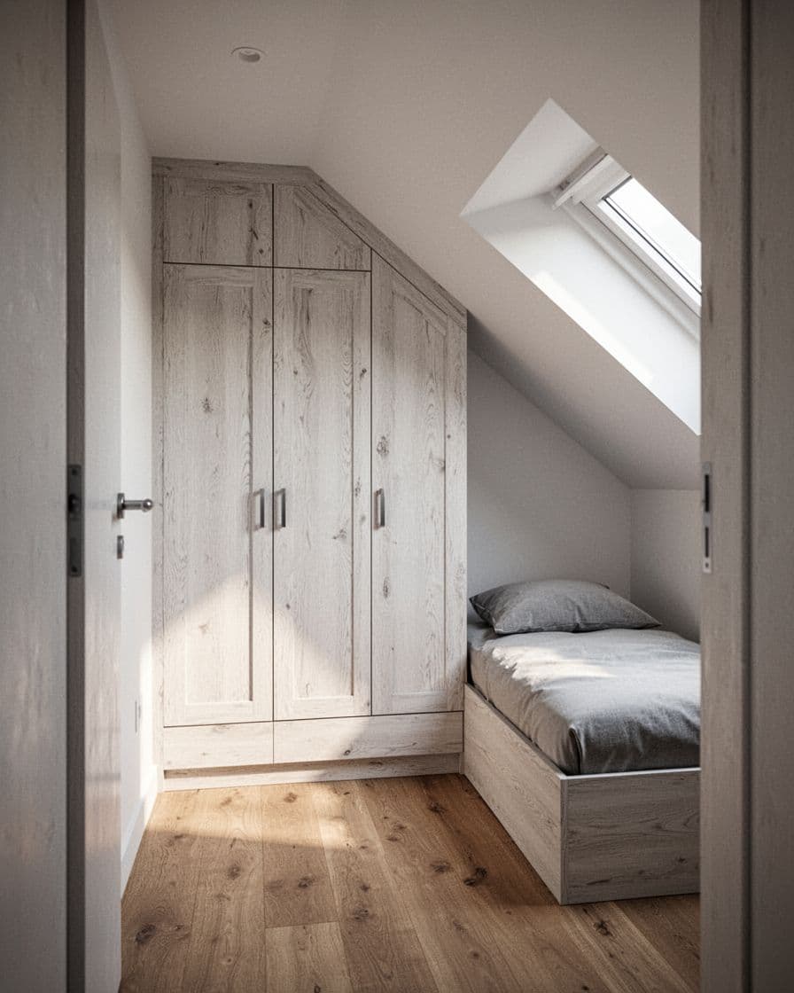 Small bedroom with a low wardrobe under a sloped ceiling and a compact bed.
