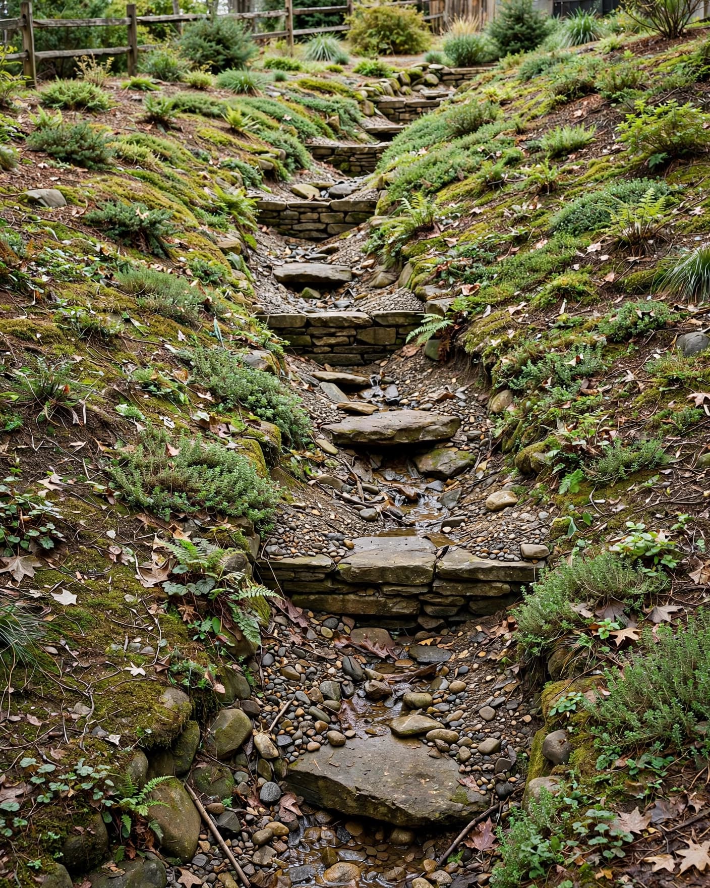 A stone creek bed steps down a planted backyard slope to slow runoff.