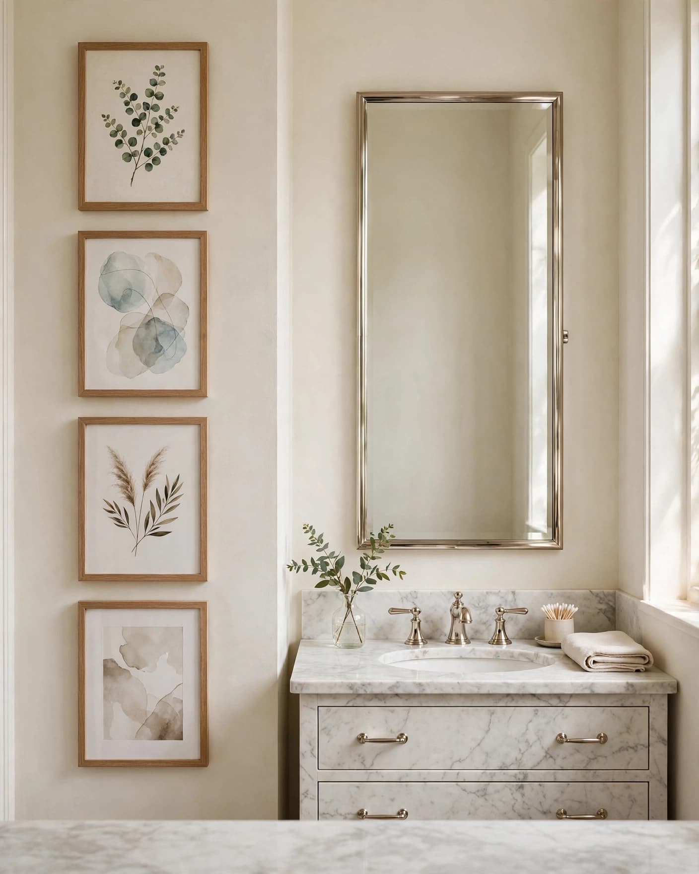 Four framed prints hang beside a tall mirror above a marble bathroom vanity.