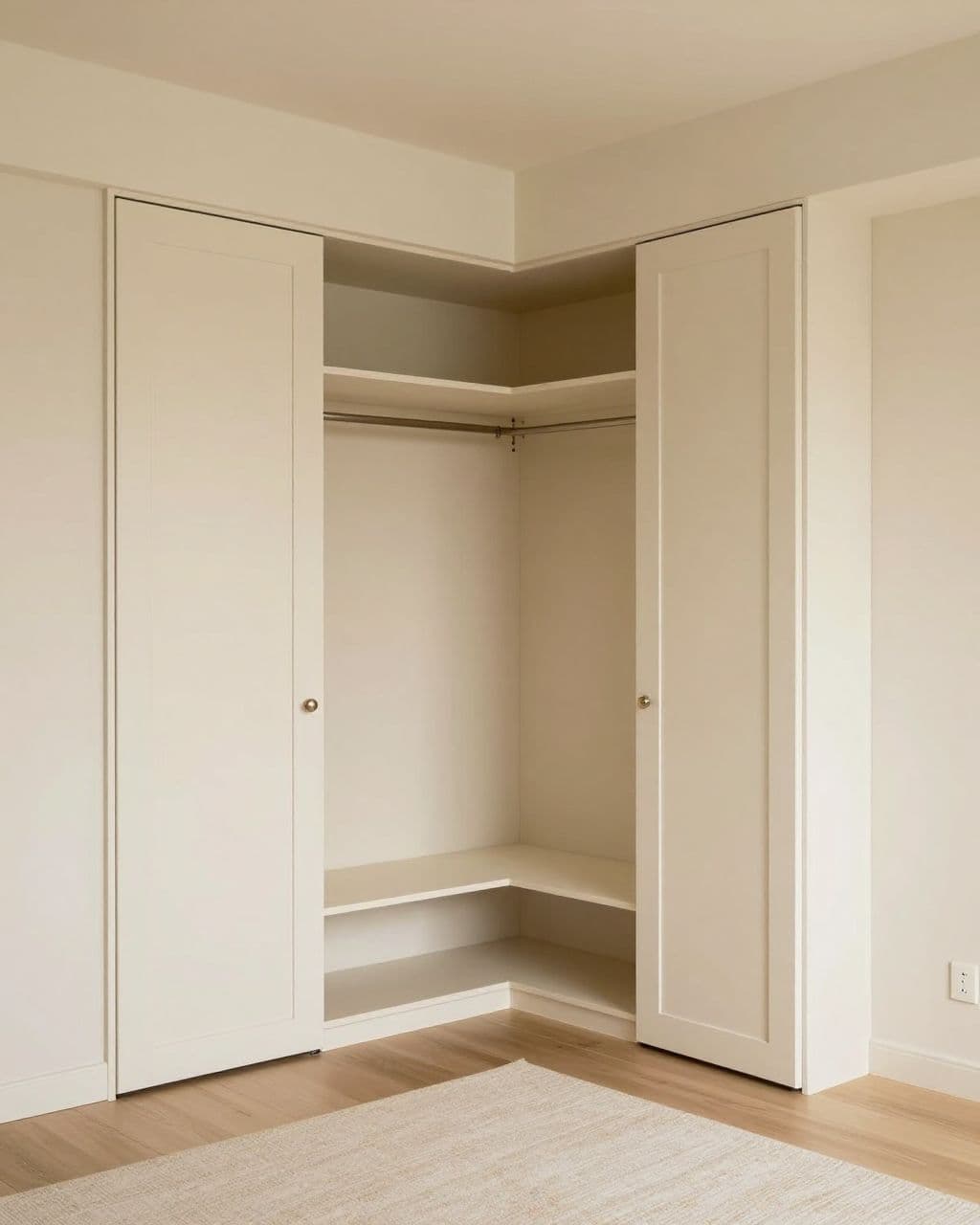 Small bedroom with ivory corner wardrobes, a narrow bed, floating shelf, and soft rug.