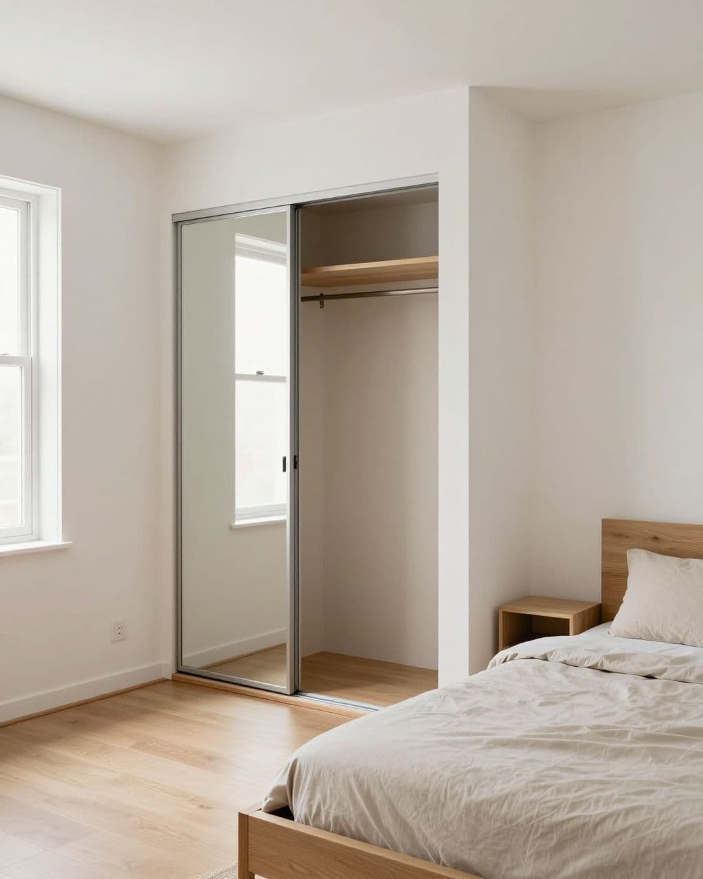 Small bedroom with a light oak bed and sliding mirrored closet doors.