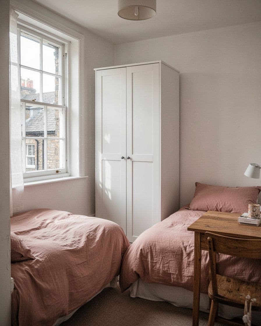 Small bedroom with a white wardrobe beside a window and blush bedding.