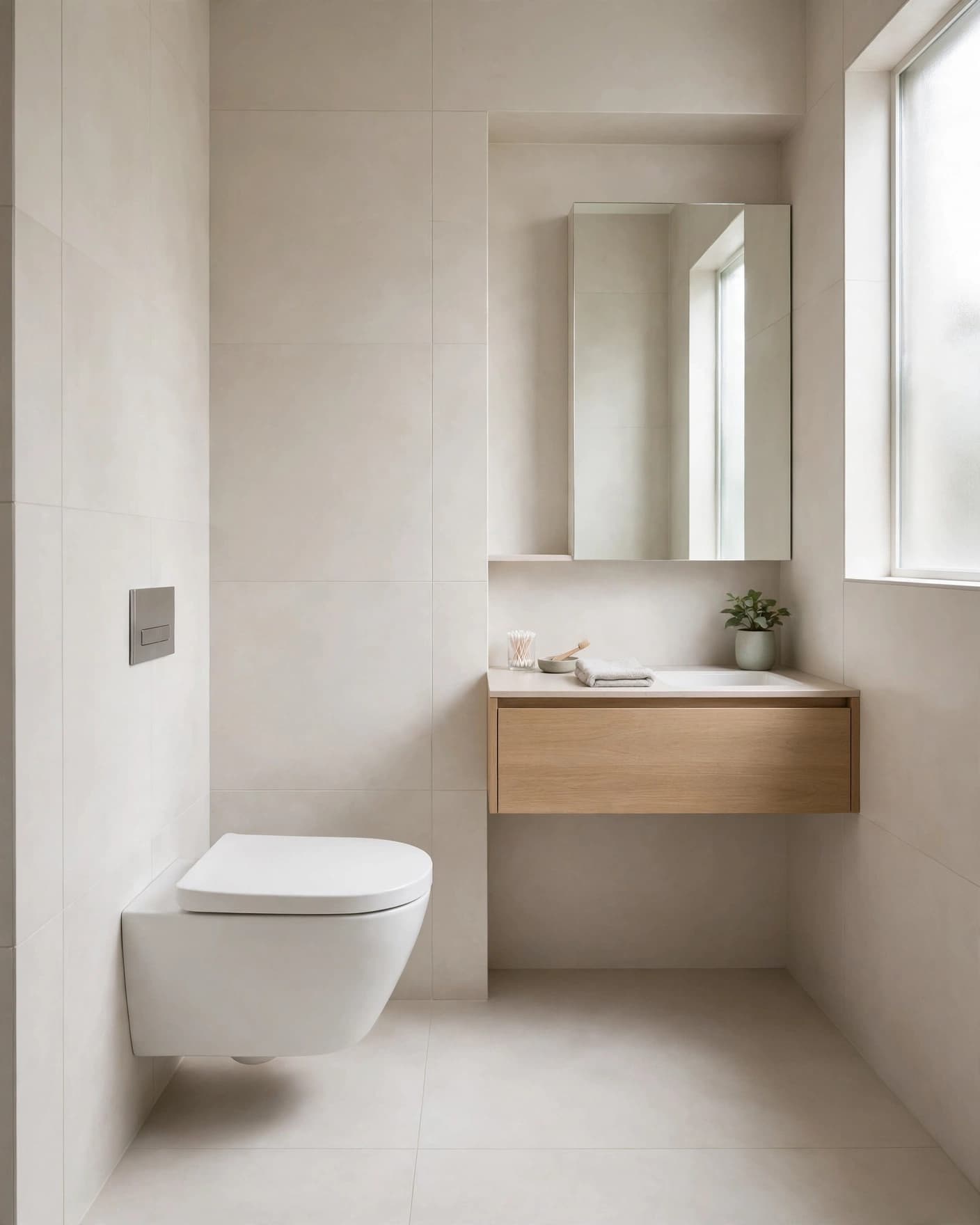 Small bathroom with a wall-mounted toilet, floating vanity, and open floor space.