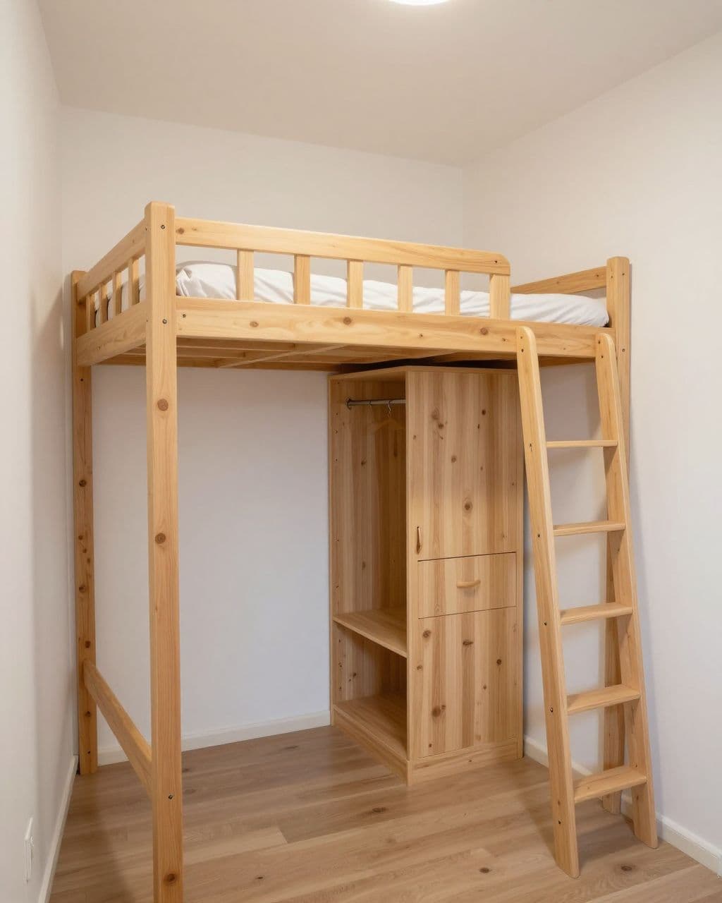 Small bedroom with a loft bed, wardrobe, ladder, and storage drawers.