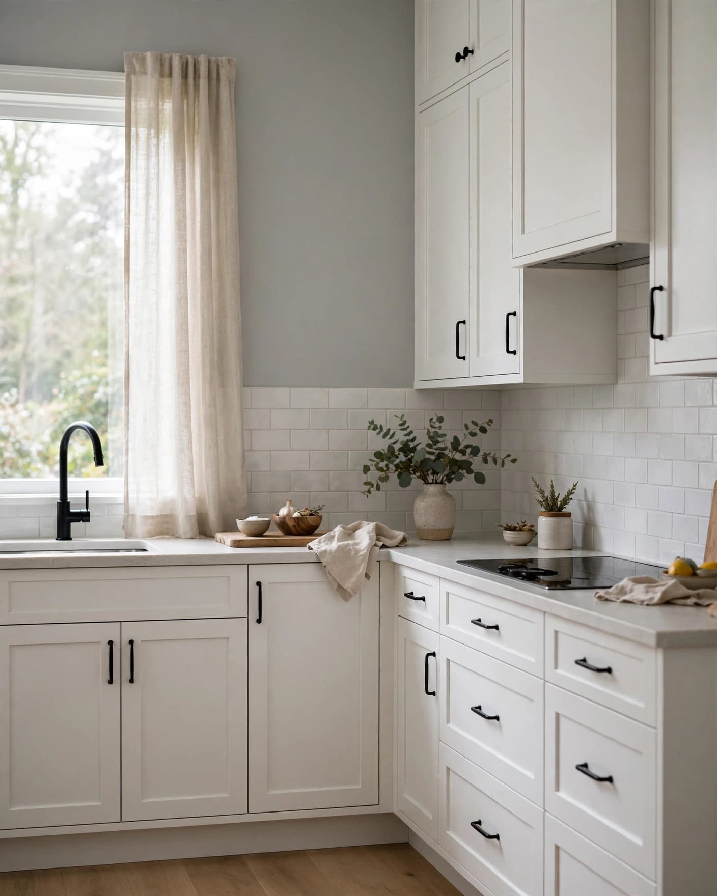 A gray kitchen with white cabinets, stone counters, and black accents.