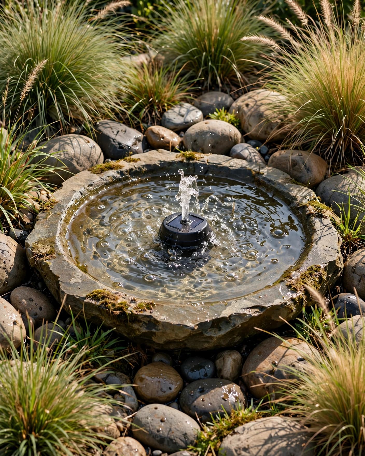 Stone bird bath with bubbling water among river rocks and grasses.