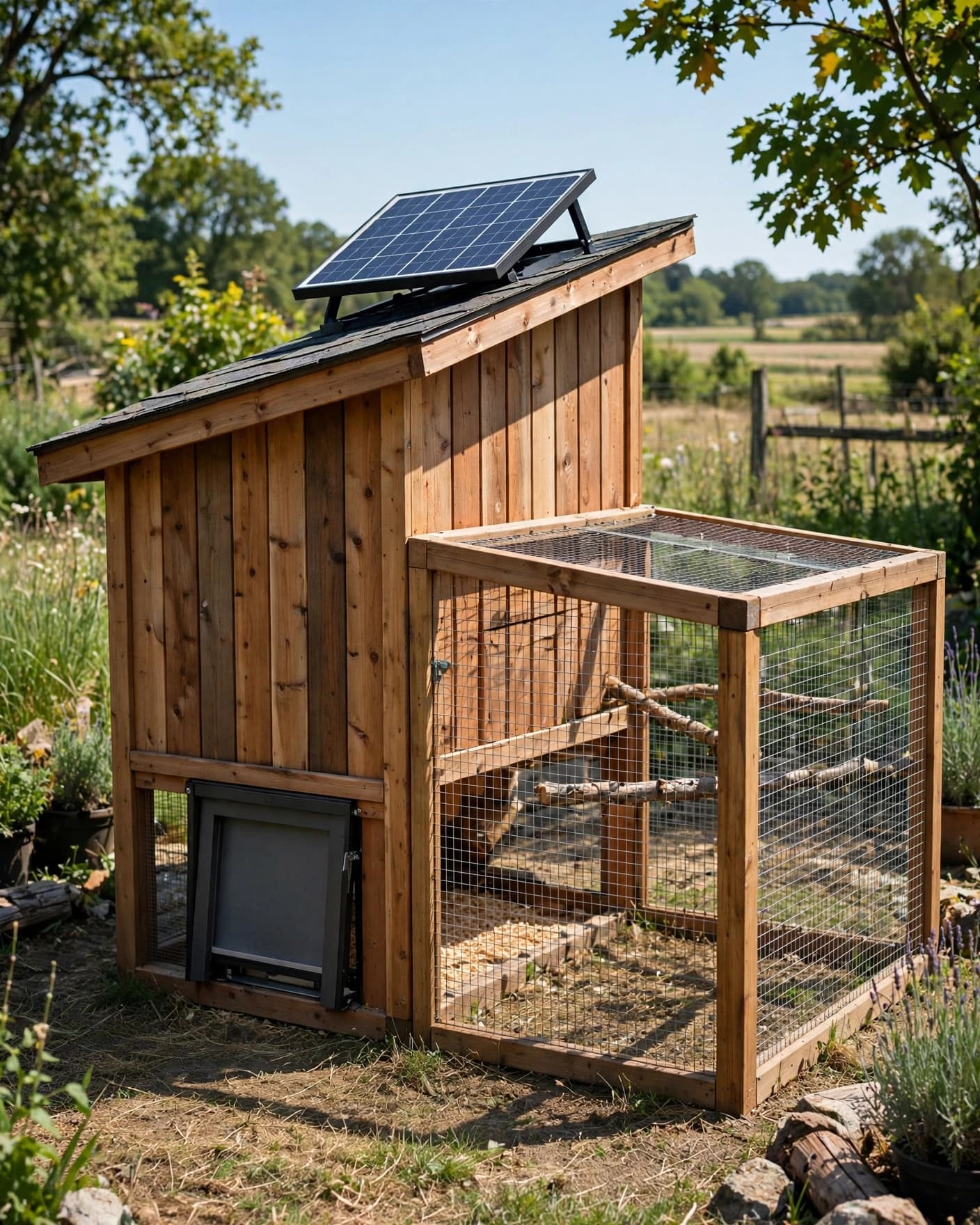 Cedar chicken coop with a roof-mounted solar panel and enclosed run.