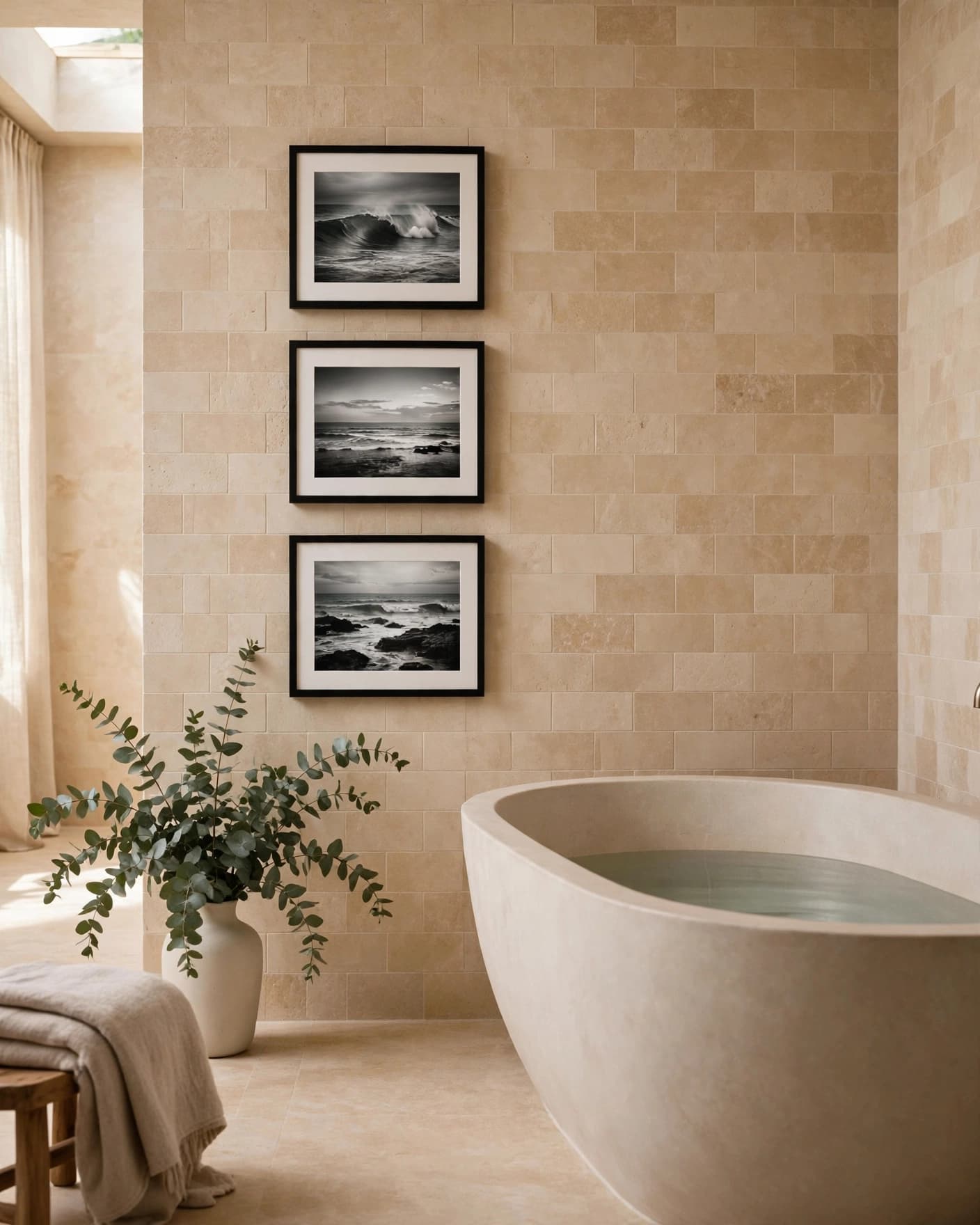 A freestanding tub beside three vertical ocean photos and eucalyptus in a sunlit limestone bathroom.