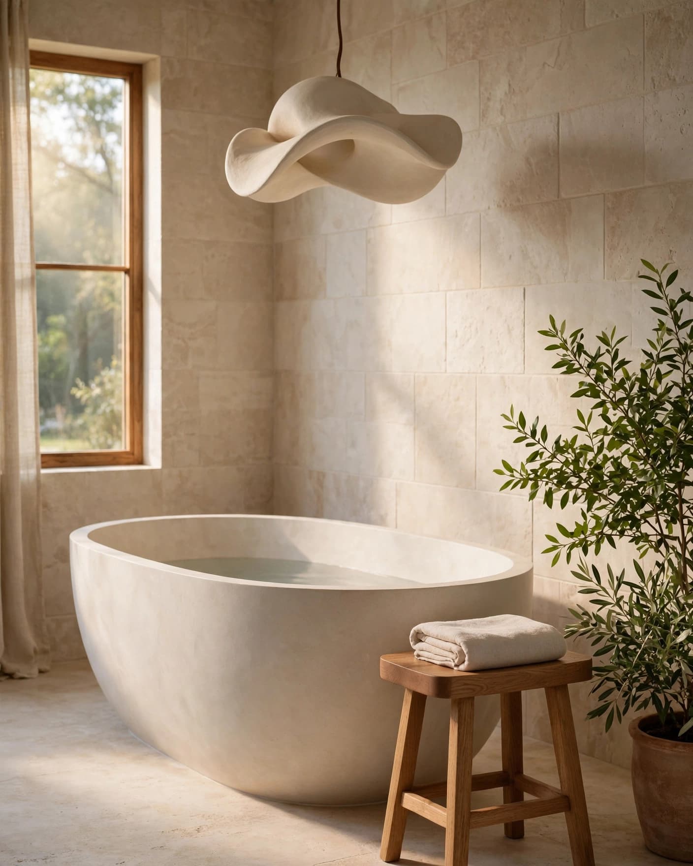 Oval soaking tub in a warm, minimalist bathroom with a stool and leafy plant.