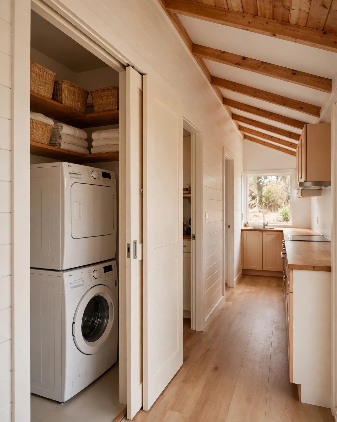 Stacked laundry machines sit in an open closet beside a hallway and kitchen.