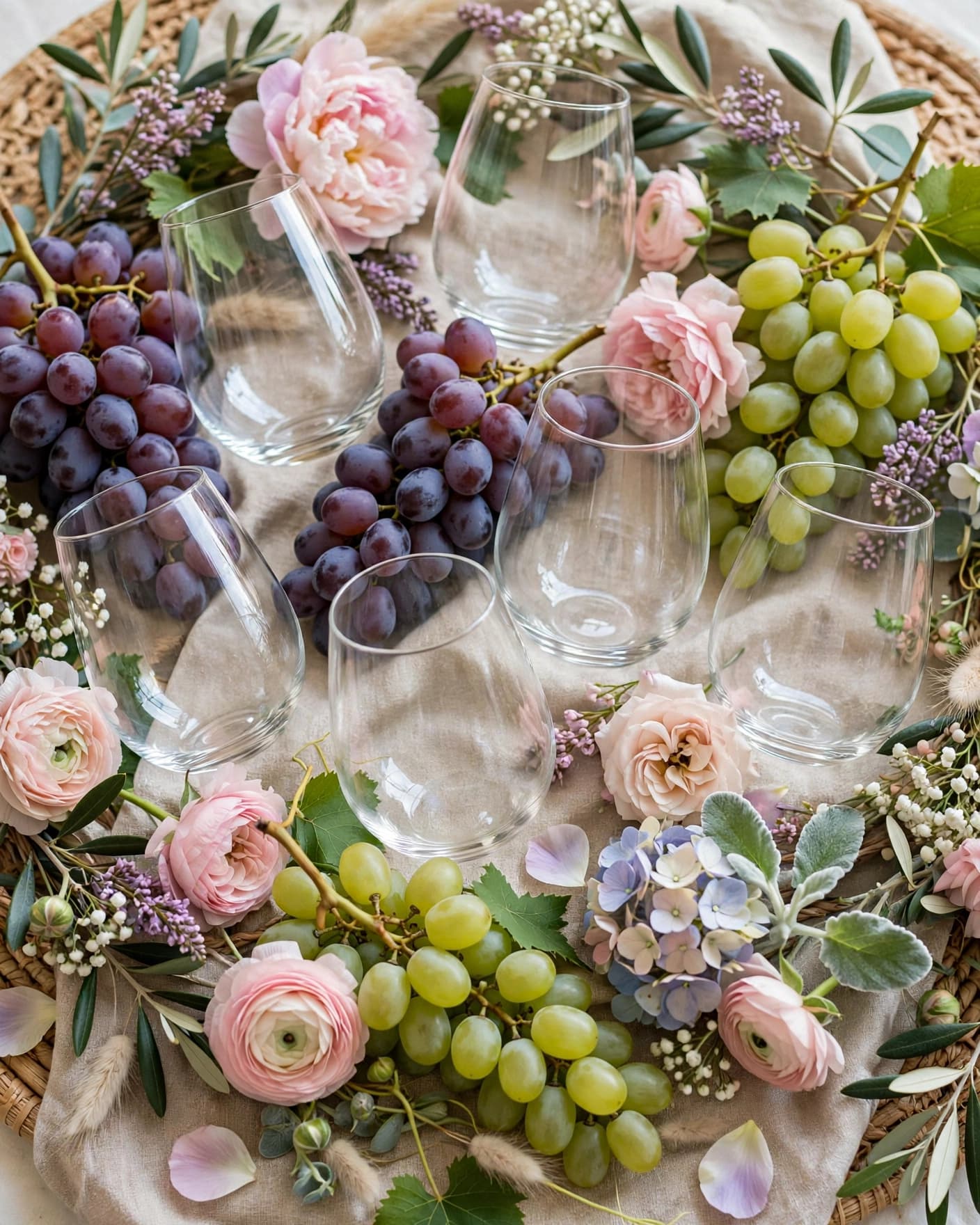 Stemless wine glasses with grape designs surrounded by pastel flowers.