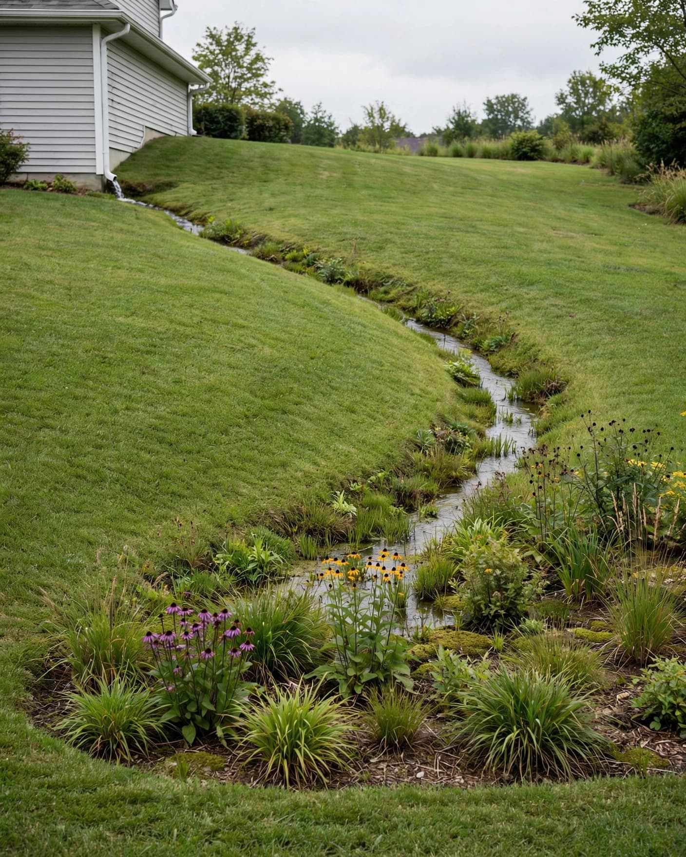 A home downspout leads into a shallow curved swale across a neat lawn.