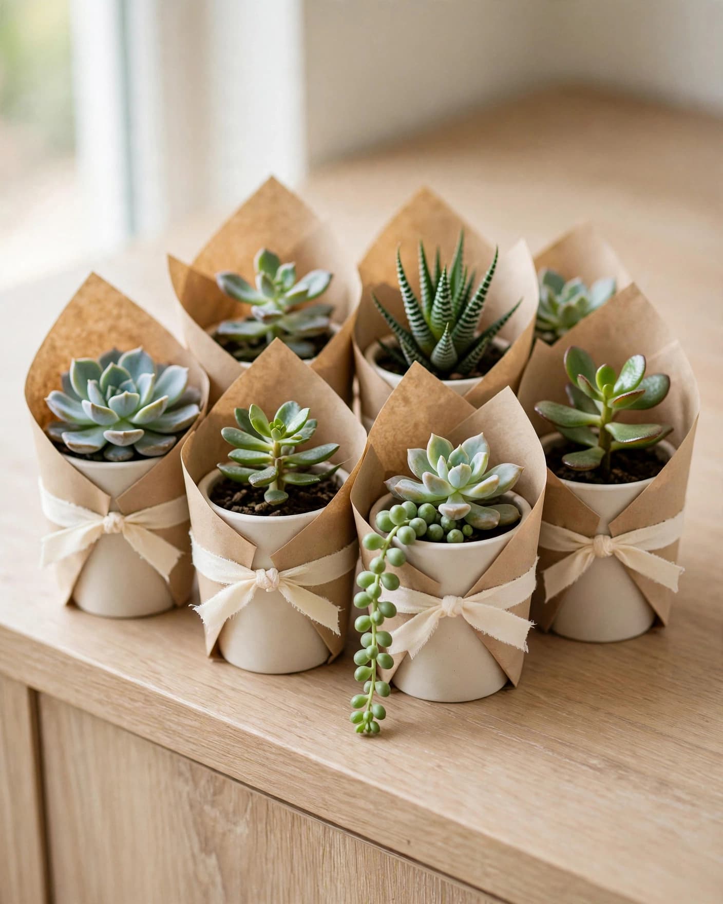 Potted succulents wrapped as favors sit on a light wood console.