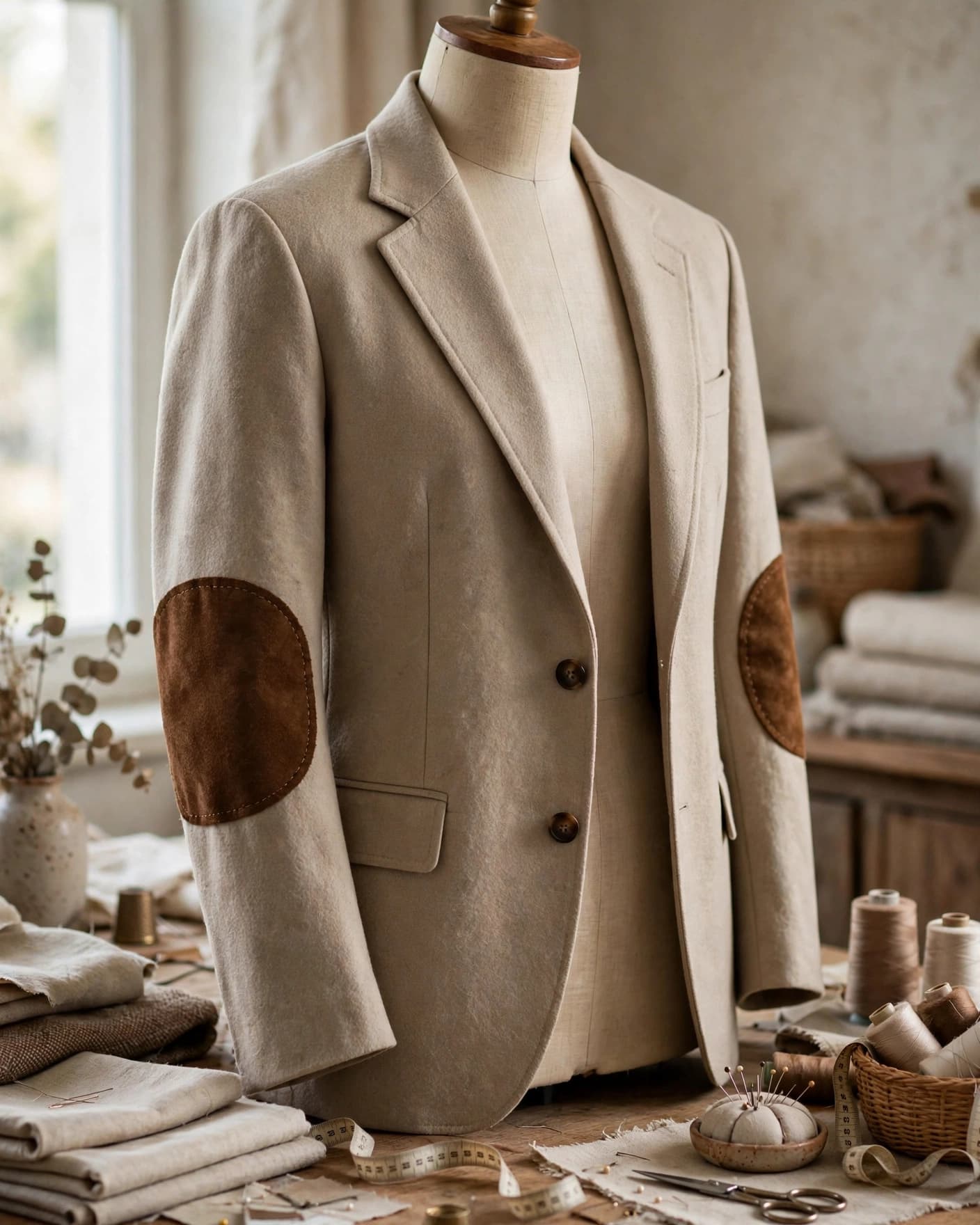 Neutral blazer with brown suede elbow patches on a dress form in a sewing room.