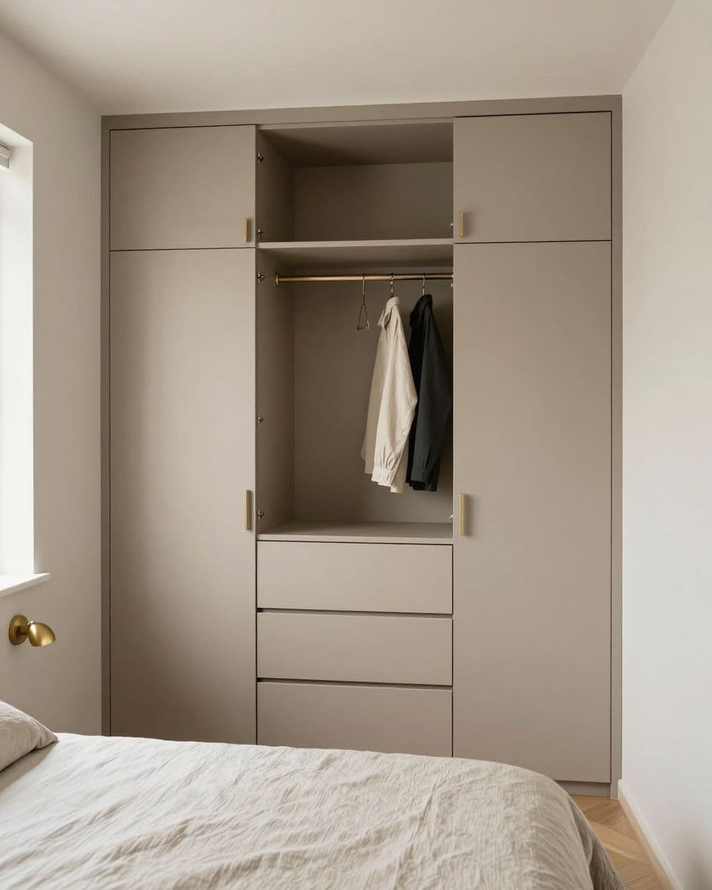 Small taupe closet with open shelves and drawers beside a linen bed.