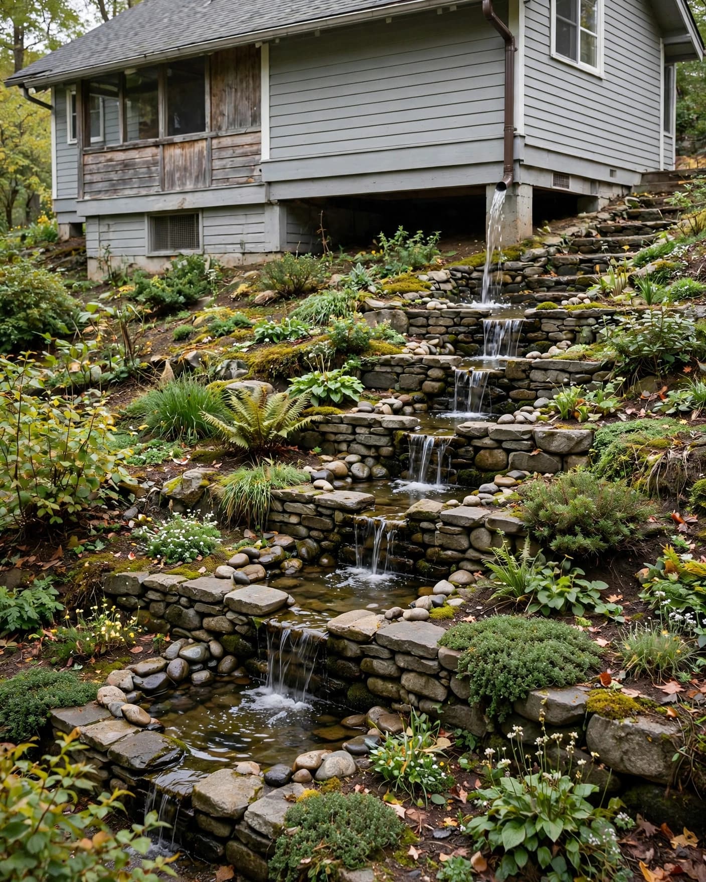 A home downspout drains into small stone basins stepping down a garden slope.