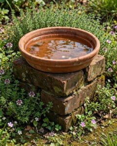 A terracotta saucer bird bath sits on three bricks among thyme and flowers.