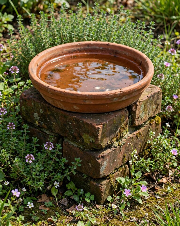 A terracotta saucer bird bath sits on three bricks among thyme and flowers.