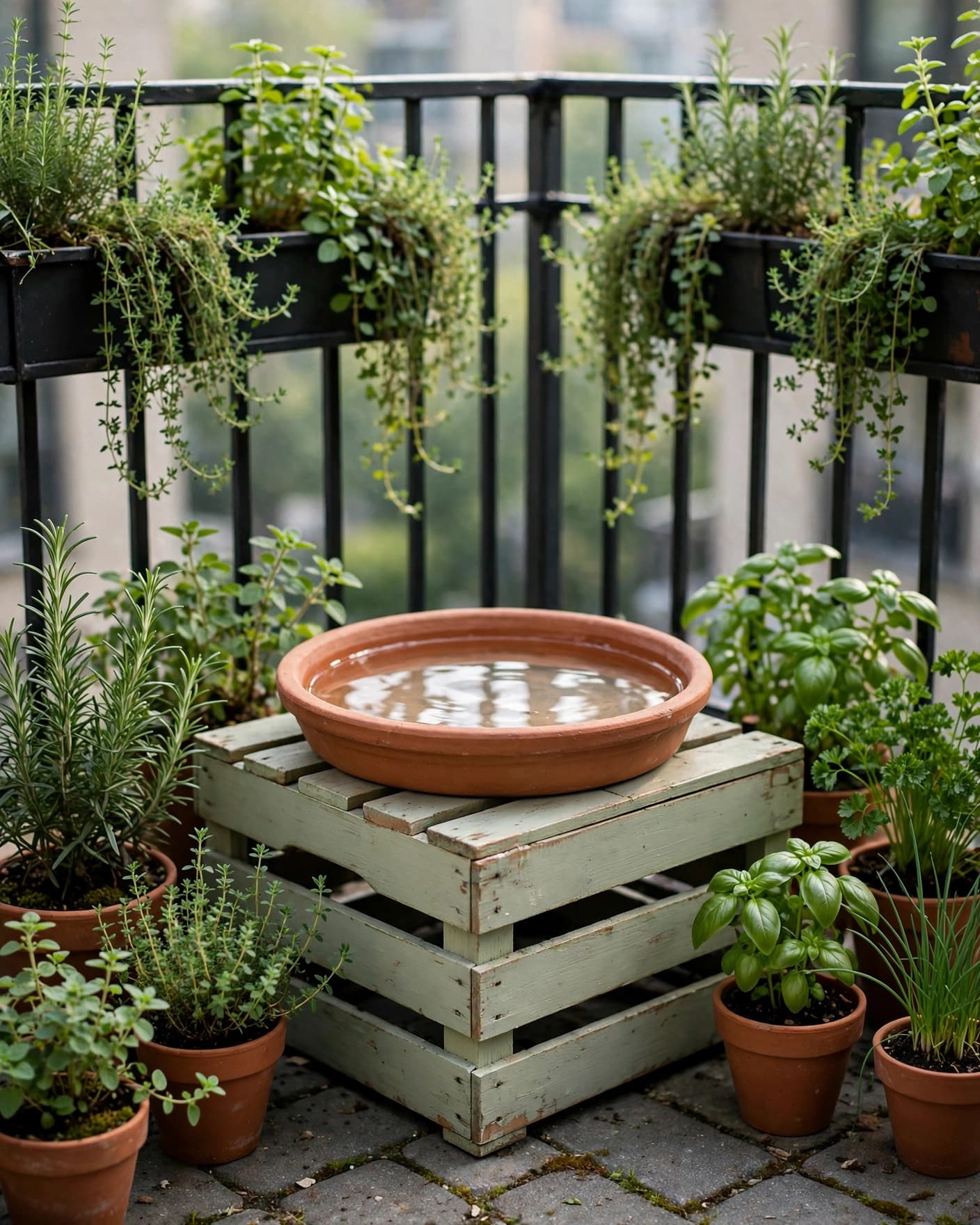 A terracotta bird bath sits on a wooden crate among patio herbs.