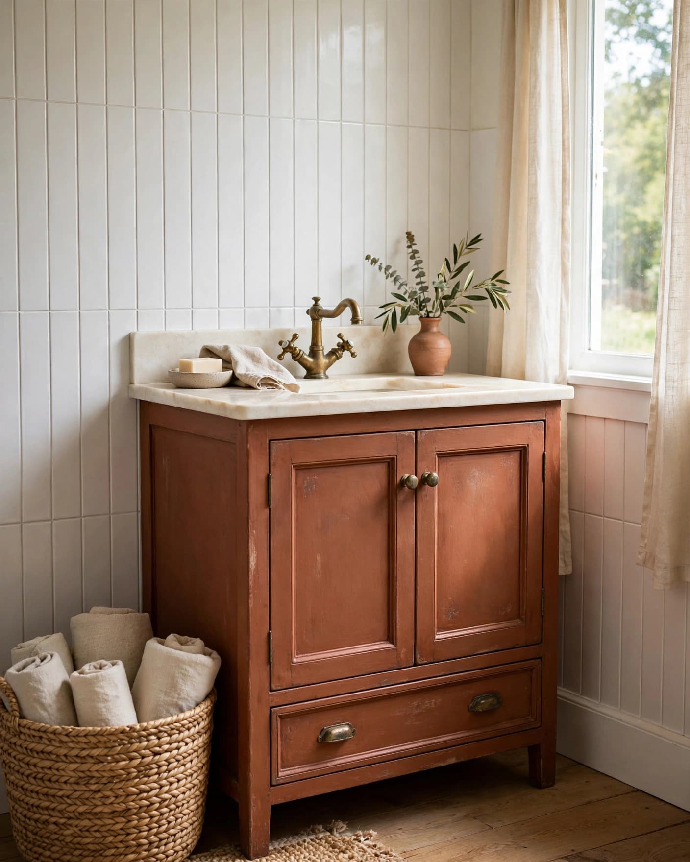 Small bathroom with a terracotta vanity, brass faucet, white tile, and woven basket.