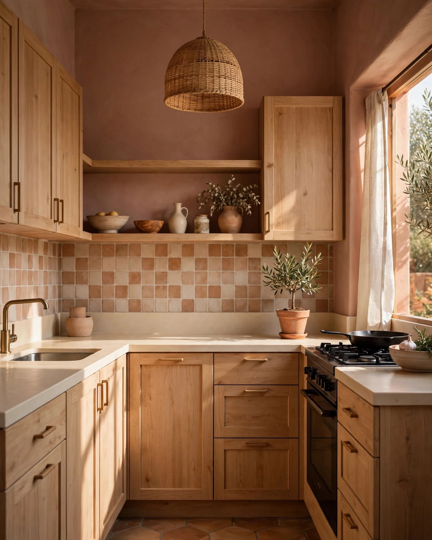 Warm terracotta kitchen with oak cabinets, creamy counters, and a woven pendant light.