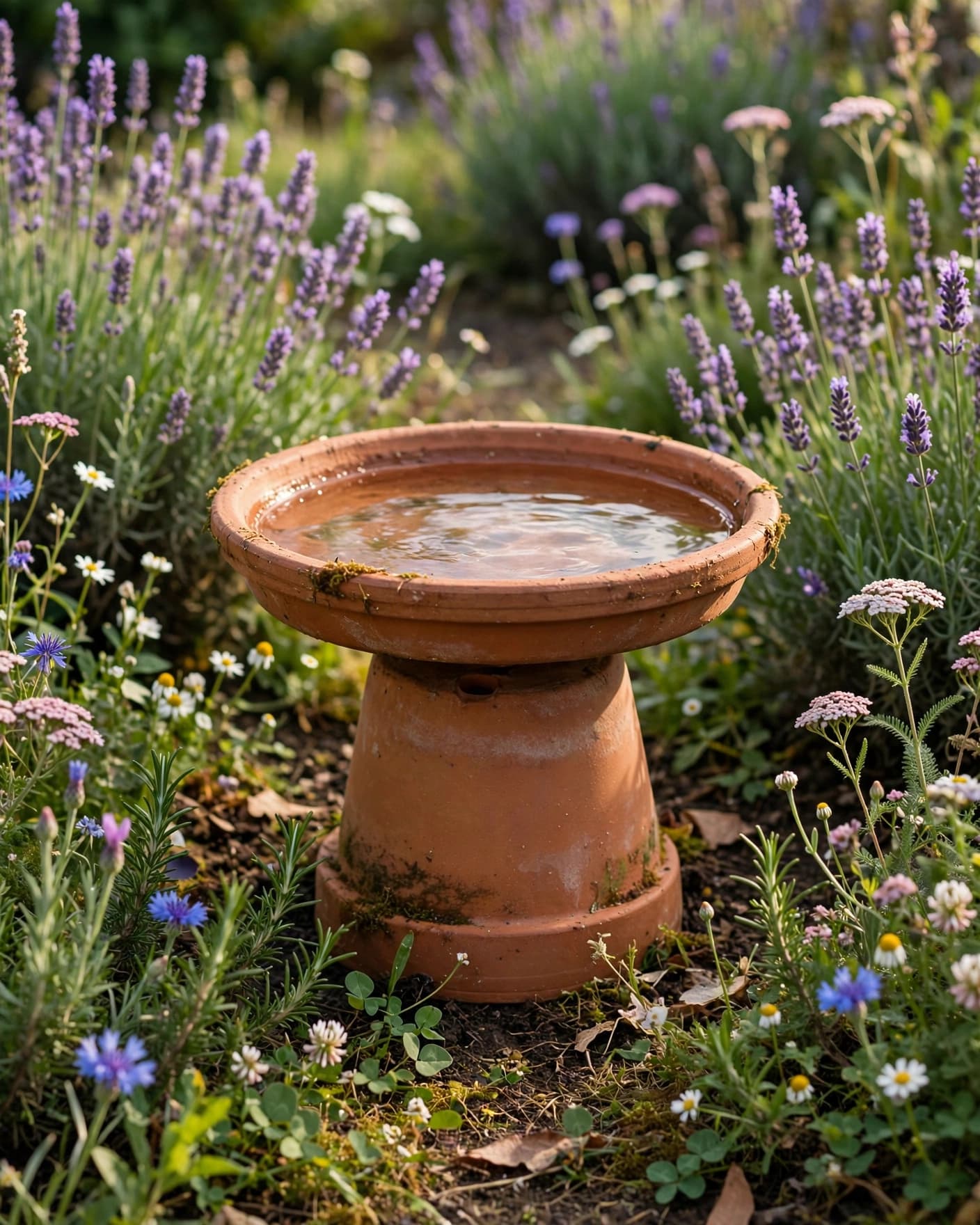 A terracotta saucer bird bath stands among lavender and flowers in a sunny garden.
